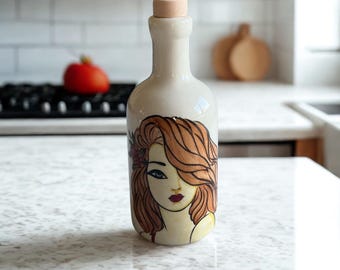 Handgemaakte keramische olijfoliefles: handgeschilderde azijndispenser, keukendecor, oliekan