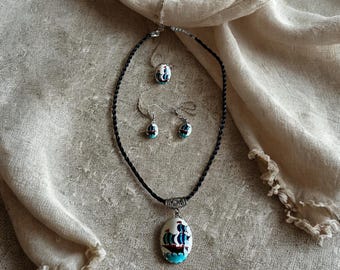 Handmade Ceramic Necklace Set – Ship Design Necklace, Earrings & Ring, Boho Nautical Style