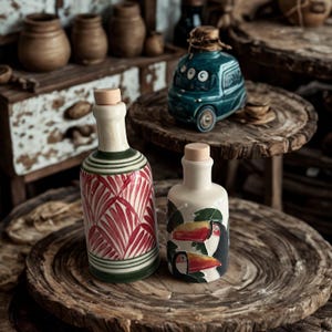 Hand-painted ceramic olive oil and vinegar cruet set with tropical toucan and palm leaf designs on rustic wooden table.
Artisan pottery bottles with cork stoppers, Mediterranean kitchen decor and unique boho style gift idea.
Colorful handmade ceramic dispensers for olive oil, vinegar, or balsamic, perfect for rustic farmhouse kitchens.
Decorative ceramic oil bottles featuring toucan birds and red palm leaves, eco-friendly kitchenware.