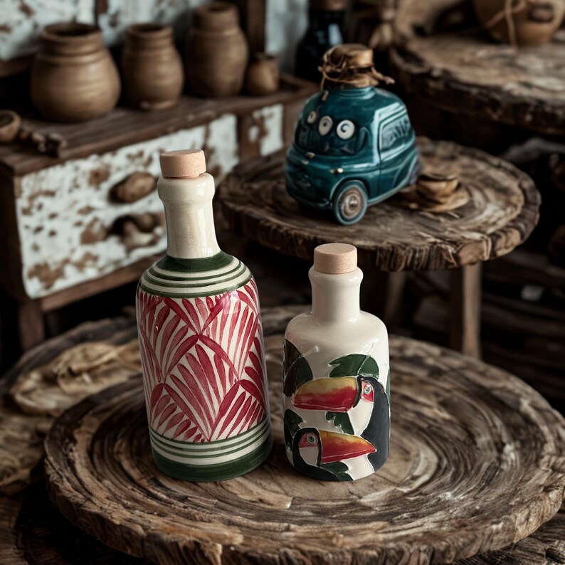 Hand-painted ceramic olive oil and vinegar cruet set with tropical toucan and palm leaf designs on rustic wooden table.
Artisan pottery bottles with cork stoppers, Mediterranean kitchen decor and unique boho style gift idea.
Colorful handmade ceramic dispensers for olive oil, vinegar, or balsamic, perfect for rustic farmhouse kitchens.
Decorative ceramic oil bottles featuring toucan birds and red palm leaves, eco-friendly kitchenware.