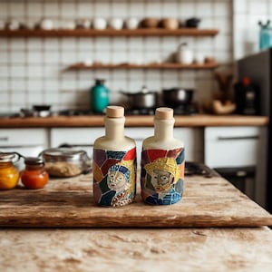 Pode incluir: Duas garrafas decorativas de cerâmica com rolhas de cortiça. As garrafas são pintadas com retratos abstratos coloridos. As garrafas estão sobre uma superfície de madeira numa cozinha. As garrafas têm cerca de 20 cm de altura.