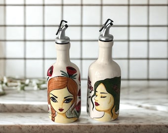 Hand-Painted Ceramic Olive Oil Dispenser Set: Vinegar, Oil Bottle