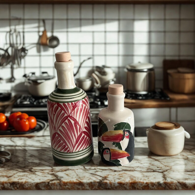 Hand-painted ceramic oil bottles with tropical toucan and red palm leaf motifs, displayed on a marble kitchen countertop — vibrant Mediterranean-style cruets perfect for serving olive oil or vinegar, adding artistic flair to boho kitchens and gourmet dining spaces.