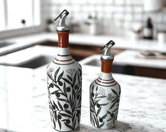 Olive Oil Cruet Set: Oil Bottle, Vinegar Dispenser, Handmade Pottery