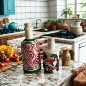 Hand-painted ceramic cruet bottles with tropical toucan and red palm leaf designs, beautifully displayed on a marble kitchen counter with fresh peppers and herbs — vibrant Mediterranean pottery ideal for olive oil or vinegar, boho kitchen décor, and eco-conscious gourmet gifts.