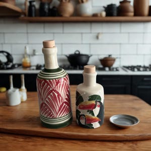 Artisan pottery cruet set, Mediterranean kitchen decor, handmade ceramic dispensers in rustic farmhouse style.
Decorative ceramic oil bottles, unique hand-painted pottery for olive oil, vinegar, or balsamic.
Handmade pottery cruet set, eco-friendly ceramic kitchen gift, perfect for gourmet cooking and housewarming.
