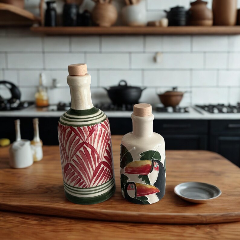 Artisan pottery cruet set, Mediterranean kitchen decor, handmade ceramic dispensers in rustic farmhouse style.
Decorative ceramic oil bottles, unique hand-painted pottery for olive oil, vinegar, or balsamic.
Handmade pottery cruet set, eco-friendly ceramic kitchen gift, perfect for gourmet cooking and housewarming.