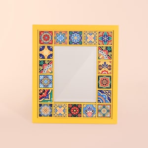 Talavera Tile Mirror: Handmade Mexican Ceramic Wall Decor, Bohemian Mirror, Wooden Framed Mirror, Mexican Tile Mirror, Christmas Gift, Gifts
