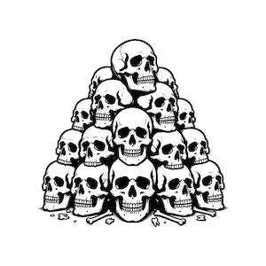 May include: A black and white graphic illustration of a pyramid-shaped stack of human skulls. The design features multiple skulls arranged in layers, with a single skull at the peak and several skulls forming the base, accompanied by small bone fragments.