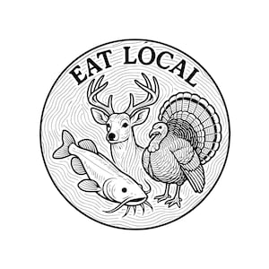 Puede incluir: Ilustración circular en blanco y negro con el texto "EAT LOCAL". El diseño presenta un ciervo, un pavo y un pez. Los animales están dispuestos dentro de un círculo con un fondo texturizado.
