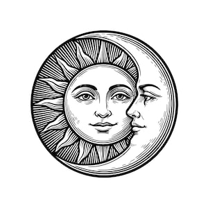 May include: Black and white illustration of the sun and moon, each with a human face, set within a circular frame. The sun has radiating rays, and the moon is crescent-shaped, with detailed linework.