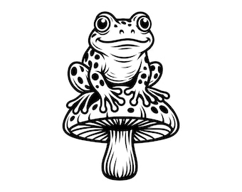 Frog on mushroom vector illustration, svg, png, jpg, art, clipart, silhouette, cute frog, forest scene, whimsical design, cricut design