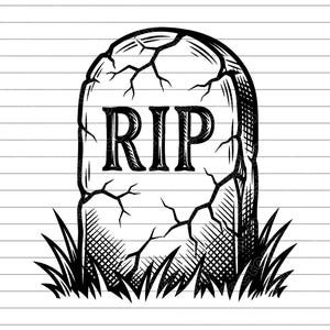 May include: A black and white illustration of a tombstone with the letters "RIP" carved into it. The tombstone has cracks and is surrounded by grass, creating a spooky Halloween theme.