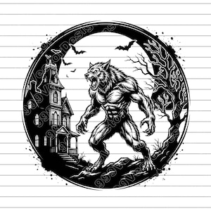 Puede incluir: Ilustración en blanco y negro de un hombre lobo rugiendo, enmarcada en un círculo. Una casa embrujada, murciélagos y árboles desnudos completan la escena de Halloween. Diseño para productos.