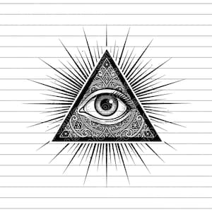 May include: Black and white illustration of an eye within a triangle, surrounded by radiating lines. The eye is detailed with intricate patterns, and the triangle is set against a striped background. The design has a mystical or symbolic theme.