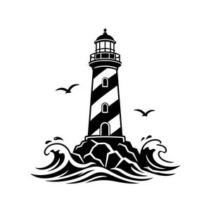 Può includere: Illustrazione in bianco e nero di un faro con strisce nere e bianche alternate. Il faro è posizionato su una base rocciosa, con onde stilizzate e due uccelli in volo. È un design nautico.
