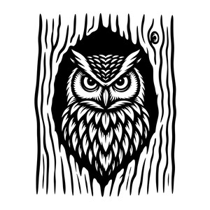 May include: A black and white graphic illustration of an owl peering out from a hollow in a tree trunk. The owl features detailed feather patterns and focused eyes, while the surrounding tree bark is depicted with bold, vertical black lines.