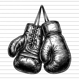 Puede incluir: Ilustración detallada en blanco y negro de dos guantes de boxeo colgados por sus cordones. Los guantes están representados con sombreado intrincado, mostrando la textura del cuero y los detalles de las costuras. La imagen tiene una estética vintage.