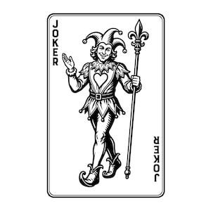 May include: A black and white playing card featuring a central illustration of a jester wearing a multi-pointed hat and a heart emblem on the chest. The figure holds a tall scepter. The word JOKER is printed vertically in the top left and bottom right.