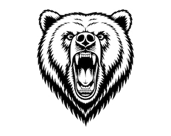 May include: A high-contrast black and white graphic illustration of a grizzly bear head facing forward. The bear is depicted with its mouth wide open, revealing sharp teeth and a tongue, with detailed fur textures rendered in bold black lines.
