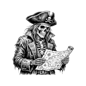 Peut inclure: Illustration en noir et blanc d'un pirate squelette portant un chapeau tricorne orné d'une tête de mort et d'os croisés. Le pirate tient une carte détaillée, vêtu d'un manteau déchiré et a de longs cheveux. L'image est de style gravure vintage.