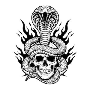 Illustrazione vettoriale di un cobra con teschio, SVG, PNG, JPG, teschio di serpente, clipart di cobra, silhouette di teschio, design di serpente velenoso, teschio gotico, Cricut