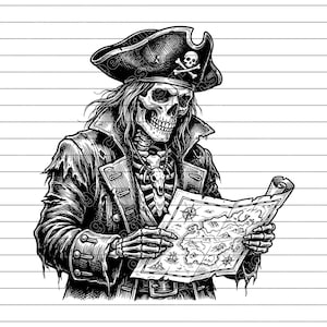 Puede incluir: Ilustración en blanco y negro de un pirata esqueleto con sombrero con calavera y tibias cruzadas. El esqueleto sostiene y examina un mapa detallado, vestido con un abrigo andrajoso. La imagen tiene un tema náutico.