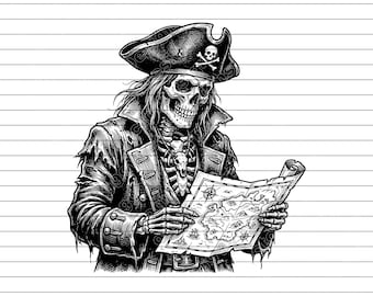 Skeleton Pirate with Treasure Map Vector Illustration, SVG, PNG, JPG, Pirate Art, Skeleton Clipart, Pirate, Treasure Map Design, Adventure