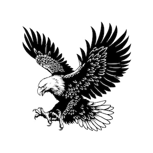 Puede incluir: Una ilustración gráfica en blanco y negro de un águila calva en vuelo con las alas extendidas hacia arriba y las garras extendidas hacia adelante. El diseño presenta líneas de tinta de alto contraste que detallan las plumas y el pico.