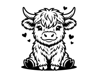 Highland Baby Cow With Hearts Vector Illustration: (SVG PNG JPG) Highland Cow, Baby Cow Clipart, Silhouette, Cute Farm Animal, Cricut Design