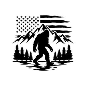 Bigfoot with American Flag Vector Illustration, SVG, PNG, JPG, Patriotic Bigfoot Art, Sasquatch Clipart, Bigfoot Silhouette, Forest Design