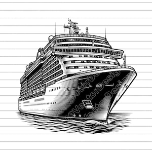 Puede incluir: Ilustración en blanco y negro de un crucero. La imagen muestra el barco desde una perspectiva baja, destacando sus cubiertas, ventanas y detalles arquitectónicos. El barco navega sobre el agua.