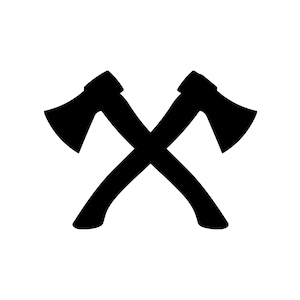 May include: A solid black graphic silhouette of two axes positioned in an overlapping, crossed formation. The design features two identical axe heads with curved blades and curved handles, creating a symmetrical and balanced iconographic shape.