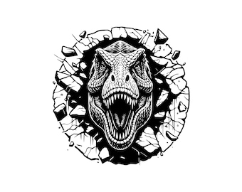 May include: A black and white graphic illustration featuring the head of a Tyrannosaurus Rex with its mouth open, appearing to break through a circular stone wall with debris and cracked rock fragments surrounding the dinosaur's face.