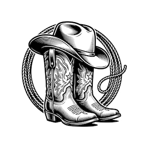 Cowboy Hat Boots Rope Vector Illustration, SVG, PNG, JPG, Western Cowboy Art, Cowboy Clipart, Cowboy Silhouette, Rodeo Design, Western Decor