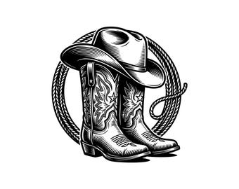 Cowboy Hat Boots Rope Vector Illustration, SVG, PNG, JPG, Western Cowboy Art, Cowboy Clipart, Cowboy Silhouette, Rodeo Design, Western Decor