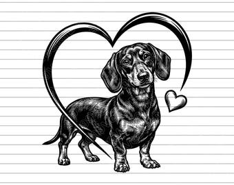Dachshund Puppy Heart Vector Illustration, SVG, PNG, JPG, Dachshund, Puppy Clipart, Puppy Silhouette, Dog Lover Print, Cute Dachshund Design