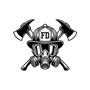 Può includere: Illustrazione in bianco e nero di un casco da pompiere con le lettere "FD", una maschera antigas e asce incrociate. Un emblema classico, adatto per abbigliamento o decorazioni.