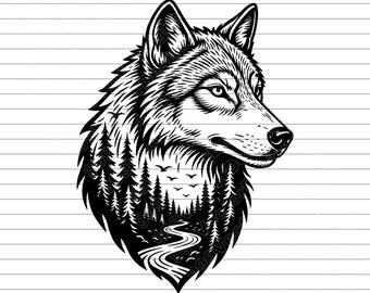 Wolf Head Forest Vector Illustration, SVG, PNG, JPG, Wolf Art, Forest Clipart, Wolf Silhouette, Wildlife Design, Nature Wolf, Cricut Design