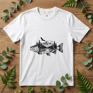 Trout Fish with Mountains Vector Illustration, SVG, PNG, JPG, Trout, Fishing Clipart, Trout Silhouette, Mountain Fish Design, Adventure Art