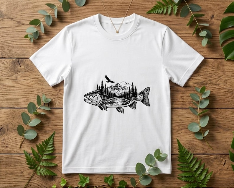 Trout Fish with Mountains Vector Illustration, SVG, PNG, JPG, Trout, Fishing Clipart, Trout Silhouette, Mountain Fish Design, Adventure Art