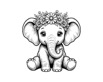 Cute Floral Baby Elephant Vector Illustration, SVG, PNG, JPG, Elephant, Baby Clipart, Elephant Silhouette, Nursery Print, Cute Animal Design