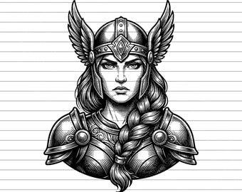 Valkyrie Warrior Vector Illustration, SVG, PNG, JPG, Female Goddess, Norse Valkyrie Design, Warrior Woman Clipart, Valkyrie Silhouette, Cut