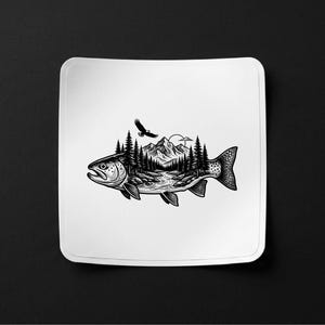 Trout Fish with Mountains Vector Illustration, SVG, PNG, JPG, Trout, Fishing Clipart, Trout Silhouette, Mountain Fish Design, Adventure Art
