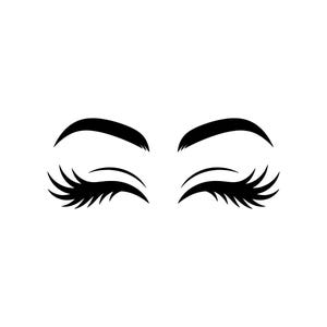 May include: A simple graphic of closed eyes, featuring bold, curved eyebrows and long, detailed eyelashes. The design is in black against a white backdrop, creating a strong visual contrast. Ideal for beauty-related items, this image has a clean, modern aesthetic.