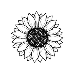 May include: A black and white line art illustration of a sunflower. The design features a central circular seed head filled with small dots, surrounded by multiple layers of pointed, elongated petals radiating outward in a symmetrical pattern.
