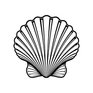 May include: A black and white graphic illustration of a scallop shell. The design features a symmetrical fan shape with distinct radiating ridges and a scalloped edge, rendered in clean, bold lines against a plain white background.