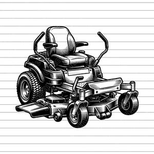 May include: Black and white illustration of a zero-turn riding lawn mower. The mower features a large seat, armrests, and a cutting deck. The tires have a deep tread pattern, and the mower has a detailed design.