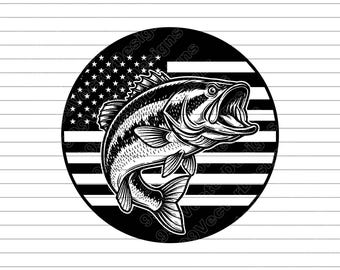 Largemouth Bass Vector Illustration, SVG, PNG, JPG, American Flag Fish, usa bass art, Bass Fishing Clipart, Bass Silhouette, Fishing Design