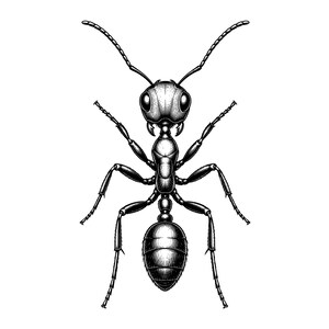 May include: A detailed black and white ink illustration of an ant viewed from above. The drawing features a segmented body, a large head with two prominent antennae, six thin jointed legs, and a rounded abdomen with visible shading lines.